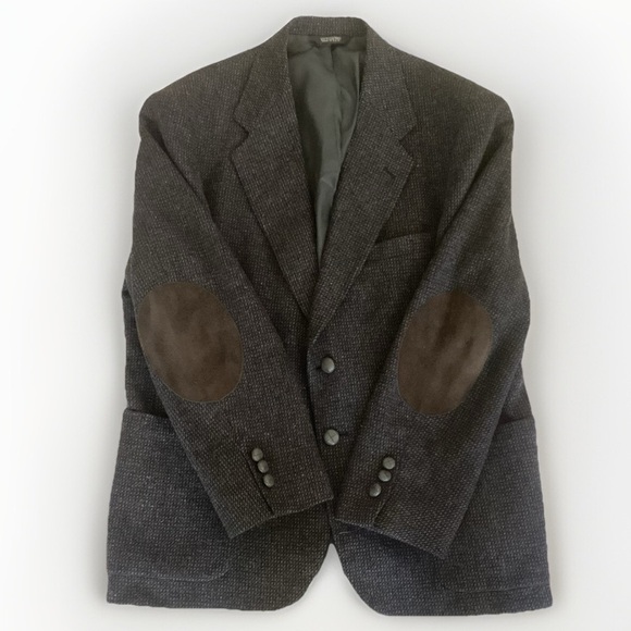 VTG Executive Collection Brown Gray Tweed Leather Button Suede Elbow Patch Coat - Picture 1 of 16